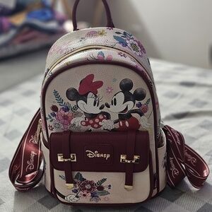 Disney Cream Mini Backpack with Burgundy Trim & Floral Minnie & Mickey